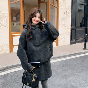 OneSession 超好看冬装灰色短款毛呢外套女韩系呢子套装裙两件套