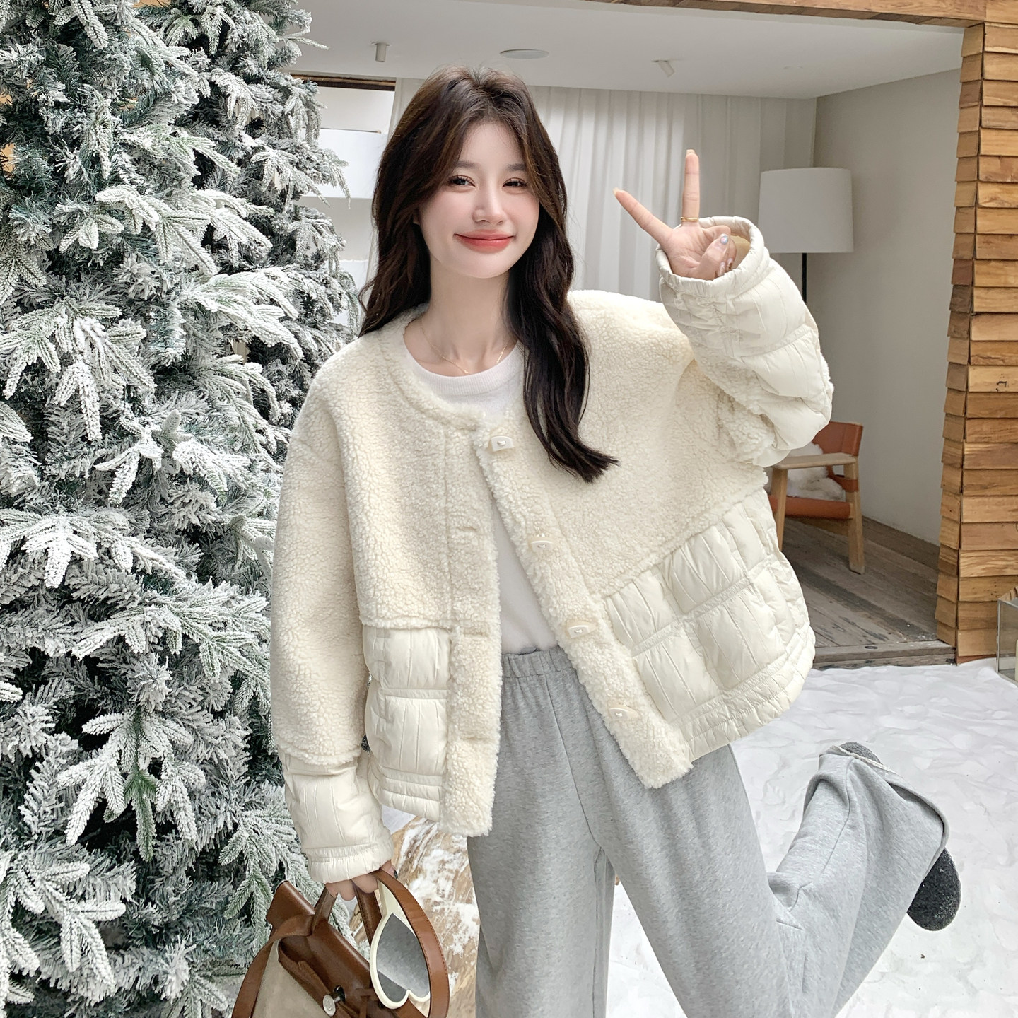 OneSession 白色短款羽绒服女装冬季新款小个子羊羔毛拼接外套厚