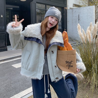 OneSession 独特漂亮的初冬麂皮绒羊羔毛外套女短款皮毛一体加厚
