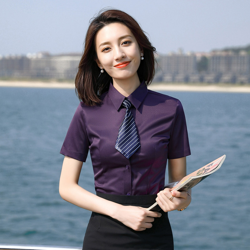 紫色衬衫女夏季短袖职业套装薄款工装酒店前台工作服面试正装衬衣