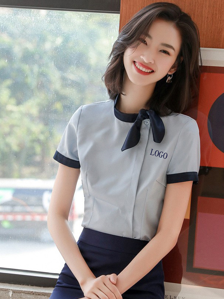 短袖衬衫女夏季气质职业套装衬衣工装饭店服务员前台收银工作服薄