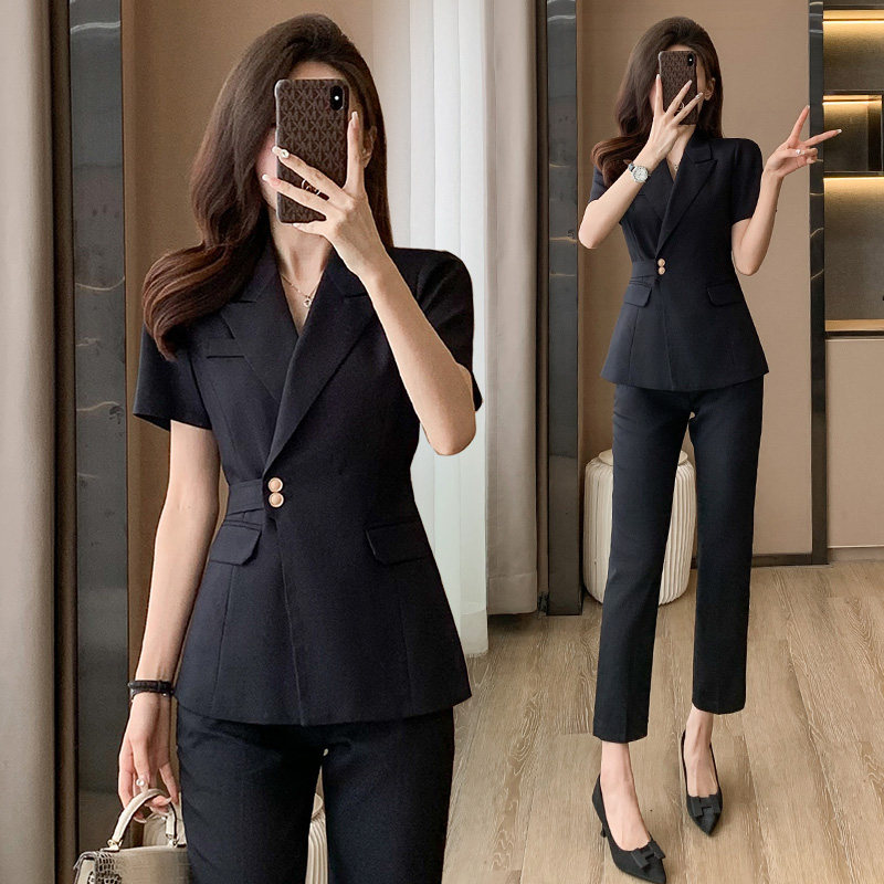 短袖西装套装女夏季工装高级感职业正装珠宝店酒店前台收腰工作服