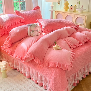 公主风牛奶绒蕾丝边夹棉床盖款四件套加厚法兰绒被套罩床铺盖冬季