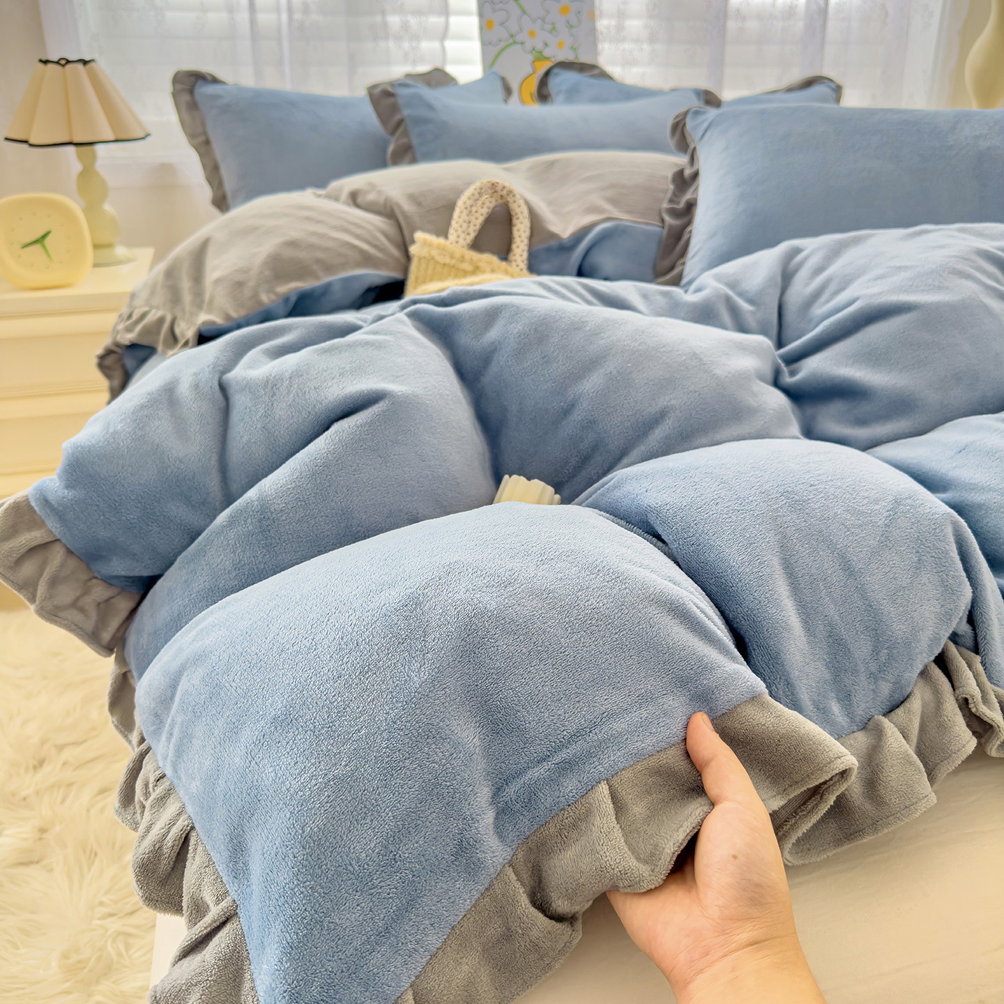 韩版花边牛奶绒被套单件秋冬加厚珊瑚绒被罩学生宿舍单双人被芯套