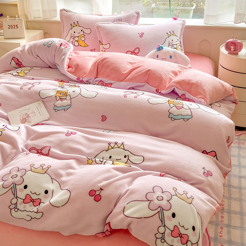 2025新款卡通牛奶绒床单床笠四件套珊瑚法兰绒儿童被套罩冬季床品