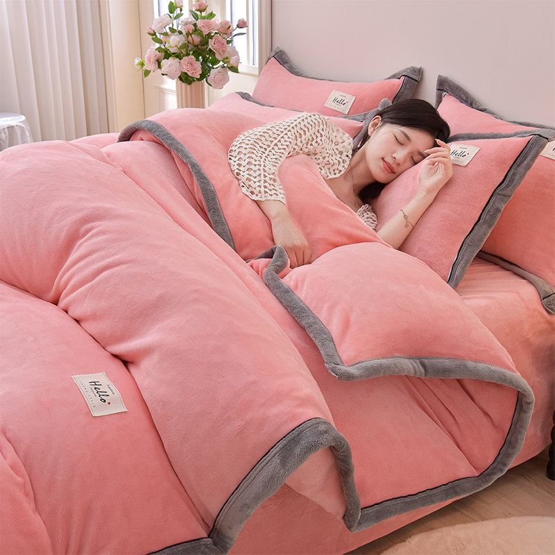 纯色加厚牛奶绒四件套双面绒法兰绒被套罩床笠床单双人秋冬季床品