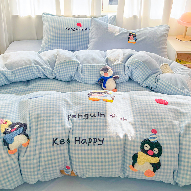冬季加厚珊瑚绒床单床笠可爱卡通牛奶绒毛巾绣被套学生宿舍四件套