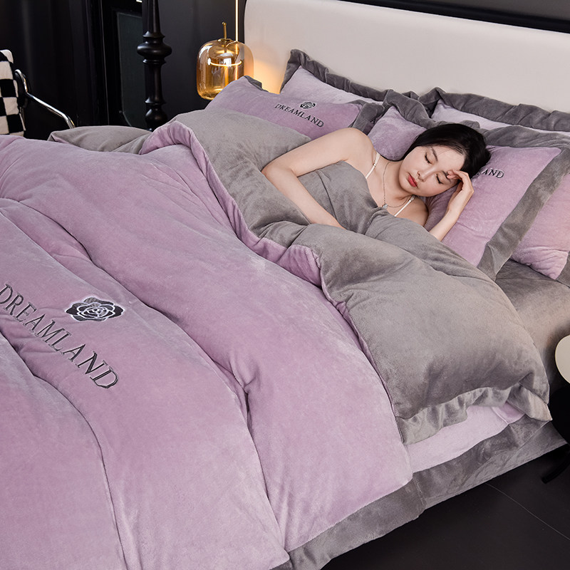 加厚双面绒牛奶绒四件套纯色珊瑚绒被套罩床单床笠法兰绒加绒床品