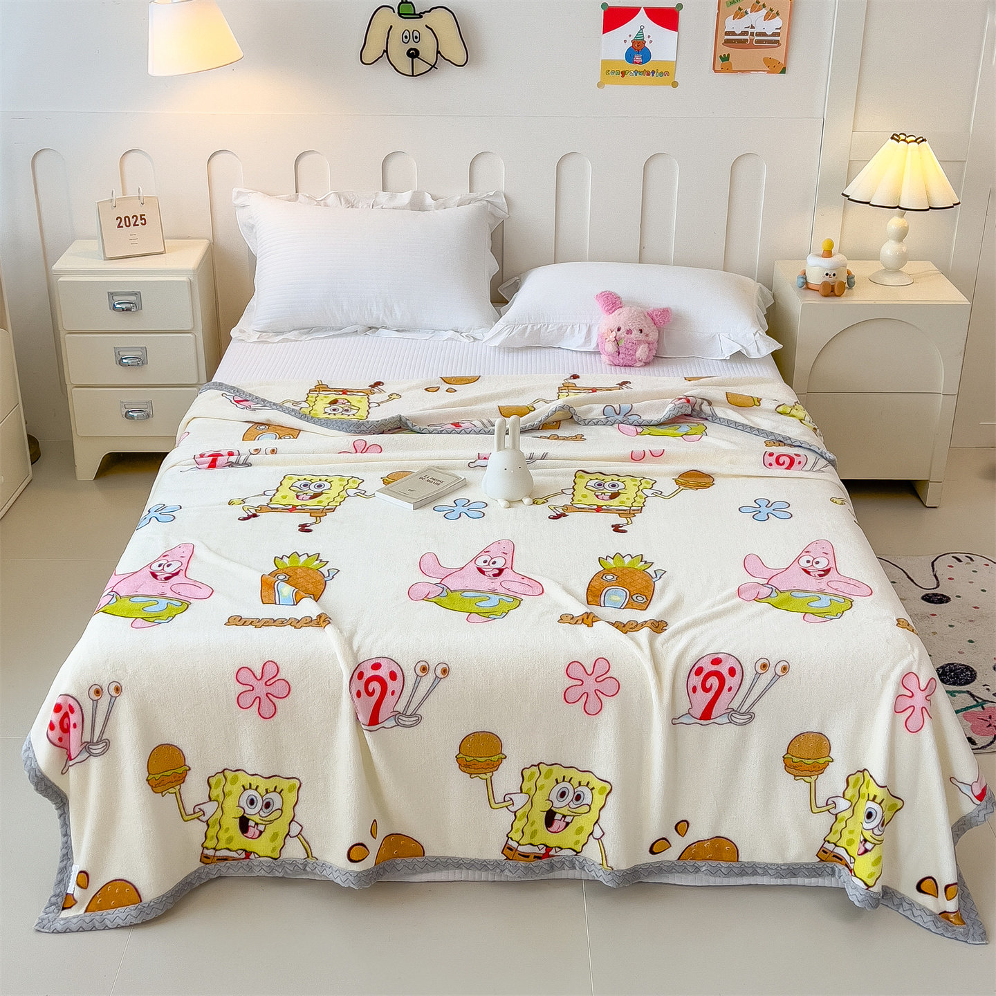 儿童海绵宝宝牛奶绒午睡毯冬季加厚床单珊瑚绒毛毯卡通学生空调毯