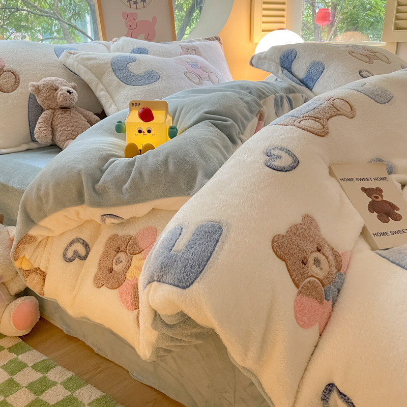 卡通牛奶绒被套秋冬加绒珊瑚绒被罩双面绒被单双人150x200x230cm