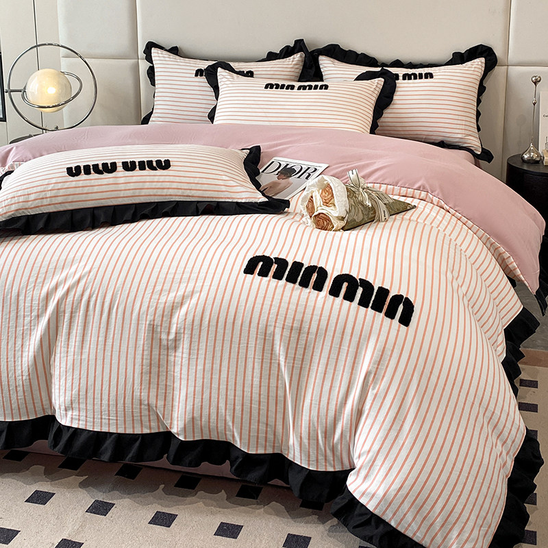 小香风毛巾绣四件套条纹被套被罩床笠单双人学生宿舍2024新款套件