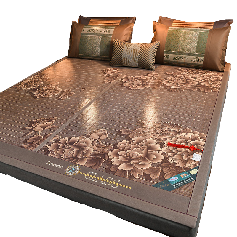 夏季新中式竹席三件套折叠正反两用凉感印花空调席可裸睡双人席子