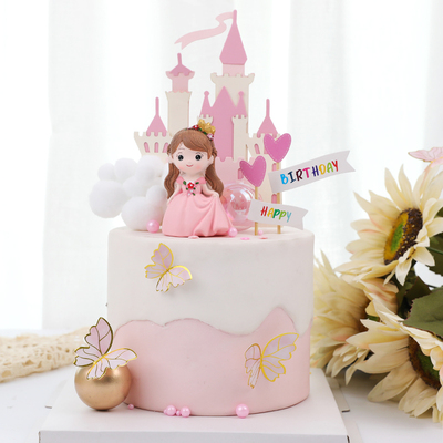 公主城堡粉色爱心插牌蛋糕装饰