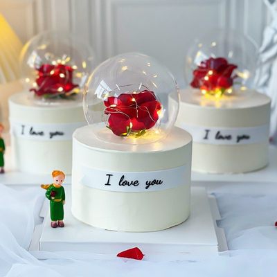 520情人节蛋糕装饰拿花小王子玫瑰花插件发光灯串玻璃水晶球摆件