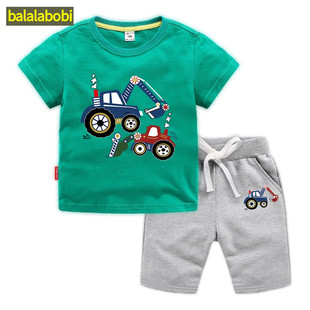 巴拉拉布比童装 短袖 男童夏装 儿童套装 T恤宝宝工程车挖掘机衣服