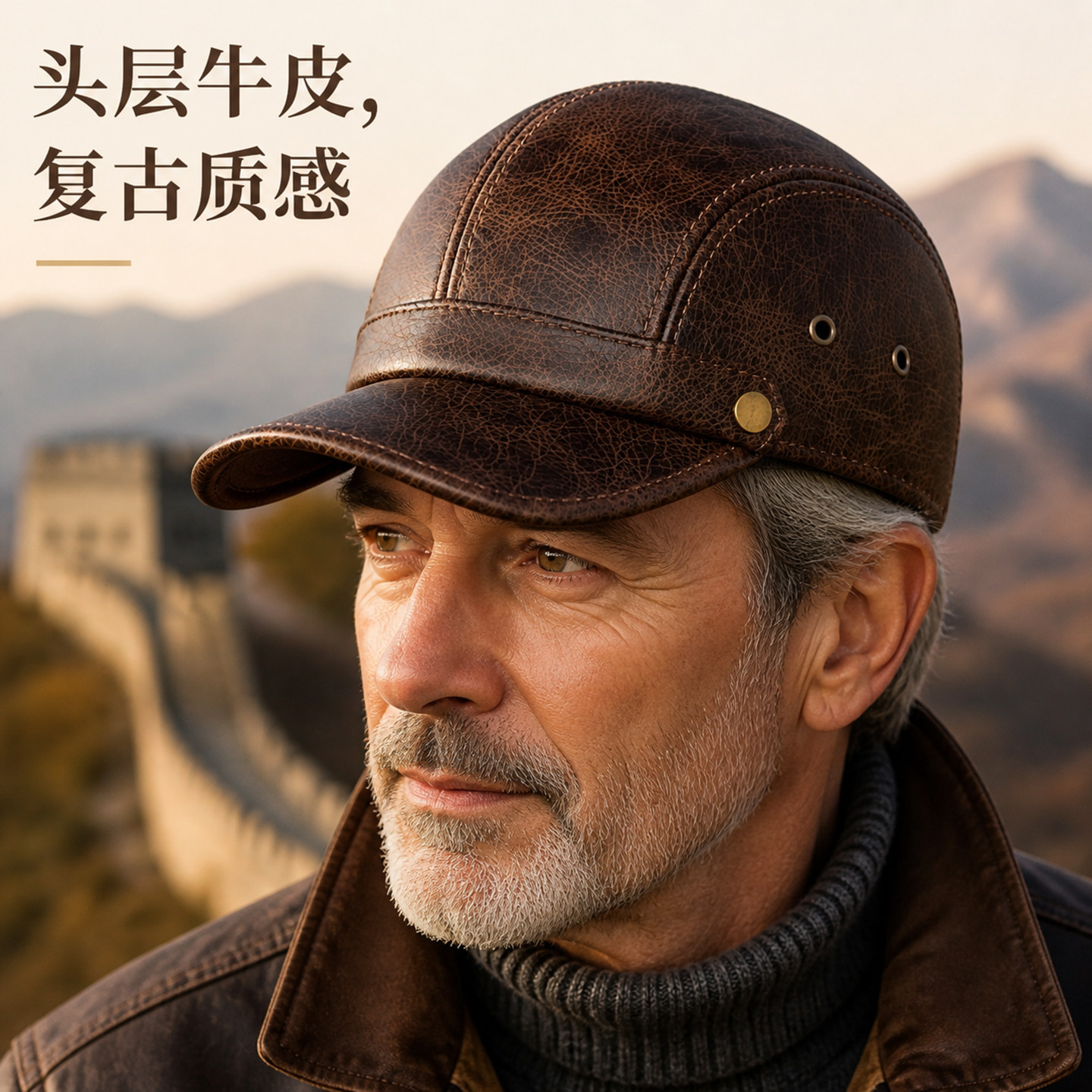 新款头层牛皮棒球帽男士秋冬季中老年户外保暖真皮鸭舌帽子封口款