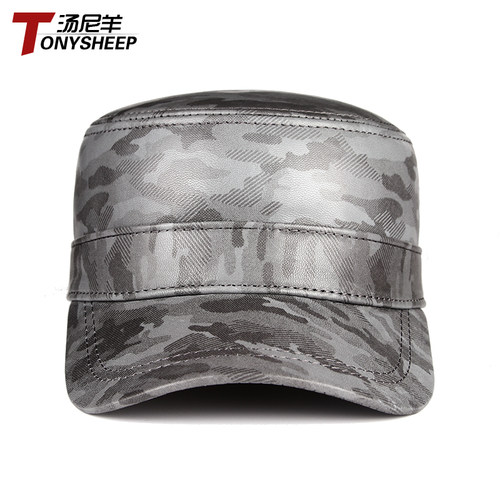 新款真皮平顶鸭舌帽男士秋冬户外