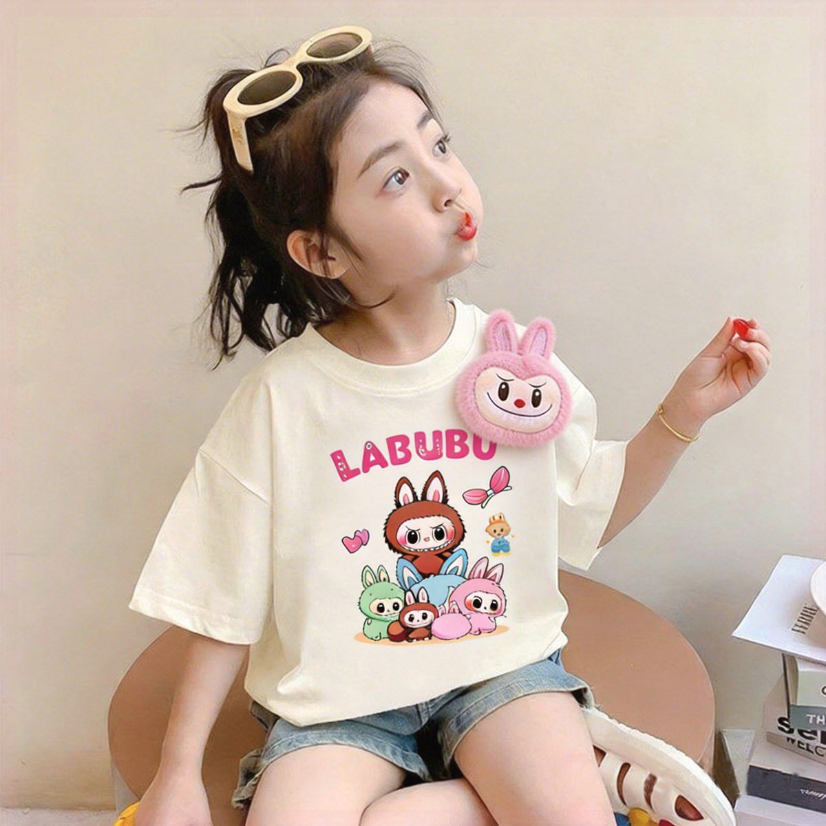 立体玩偶儿童夏季纯棉卡通洋气拉布布女童短袖T恤可爱成人亲子装