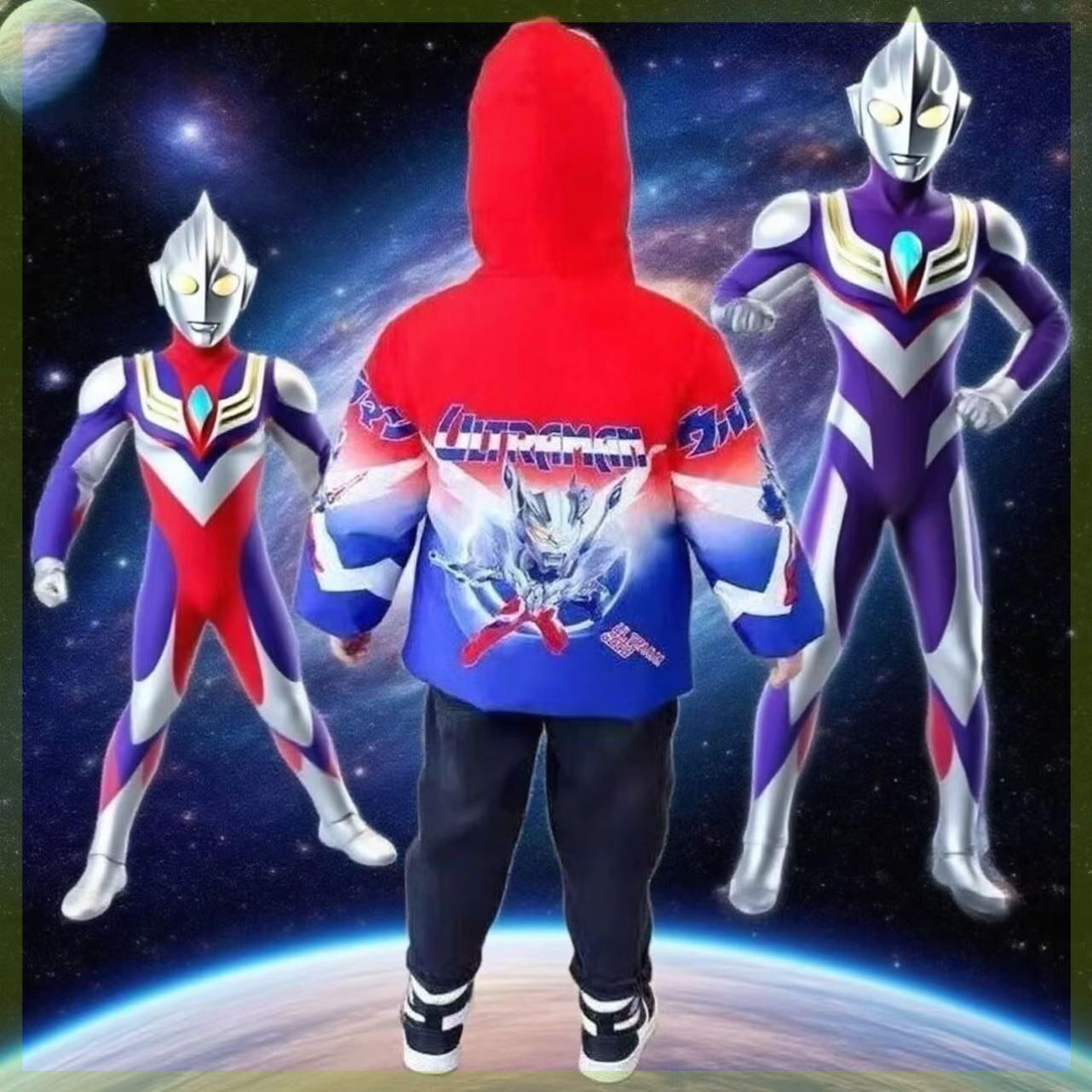 2026新款连帽亮灯冬装外套冲锋衣男童奥特曼棉服冬季加绒加厚衣服