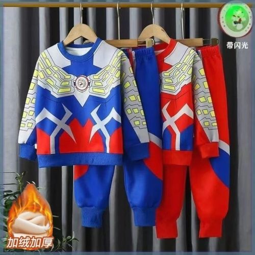 2026秋冬儿童加绒加厚卫衣两件套潮男女童赛罗奥特曼发光运动套装