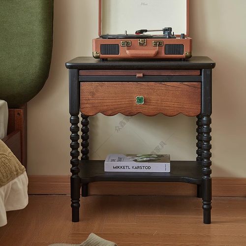 法式复古风伯爵床头柜实木收纳柜中古风卧室床边小型储物柜侧边柜
