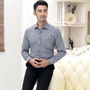 休闲免烫中老年宽松全棉衬衣 长袖 秋冬法兰绒磨毛纯棉格子衬衫 男士