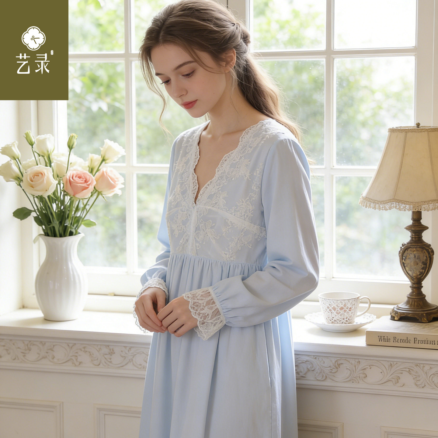 艺录长袖睡裙女春季法式宫廷复古风长裙蕾丝睡衣V领可外穿家居服