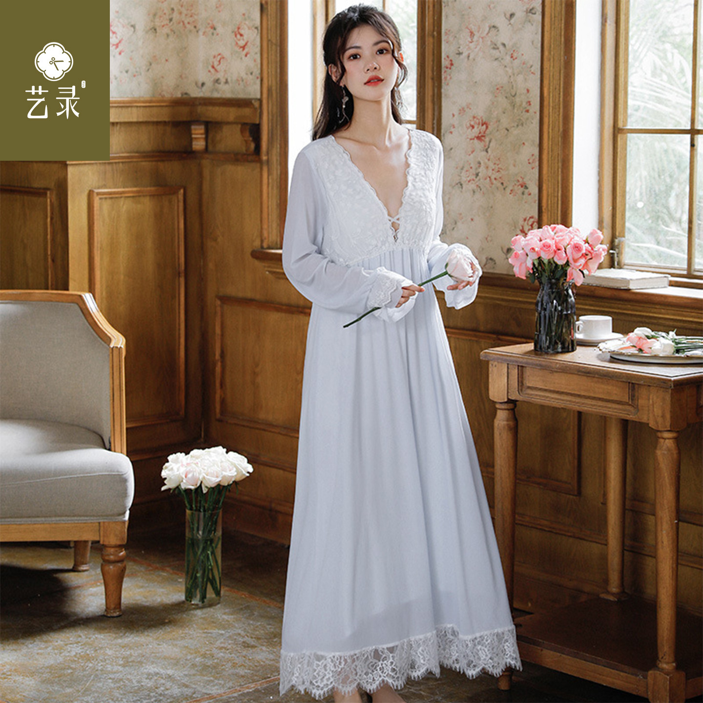 艺录长袖网纱睡裙女秋季宫廷风蕾丝性感睡衣V领带胸垫家宽松居服