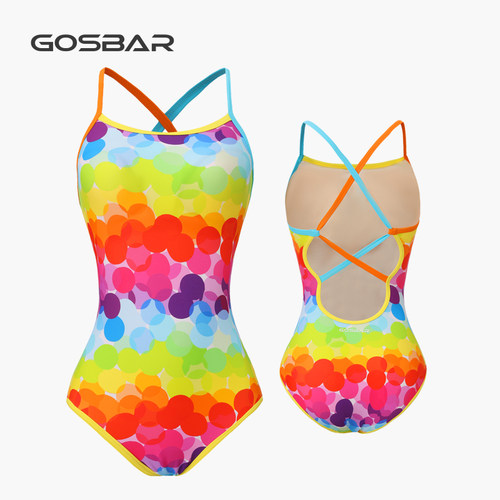 gosbar泳衣2025新款女竞速专业运动训练连体竞技游泳彩虹泡泡中叉