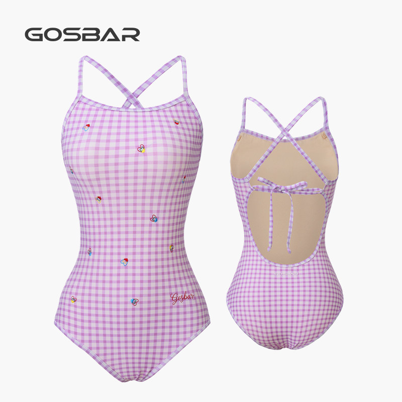 gosbar泳衣2025新款女竞速专业运动训练连体游泳馆中叉紫格刺绣