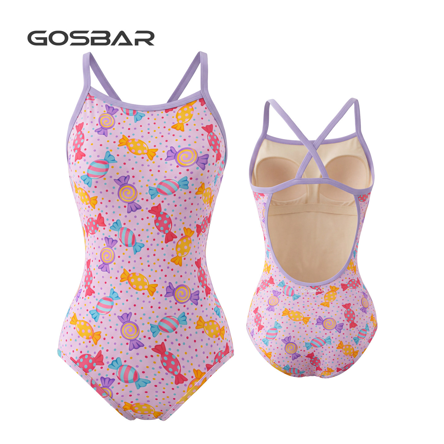 gosbar2026新款连体三角女竞速紫色低叉泳衣游泳衣专业训练彩虹糖