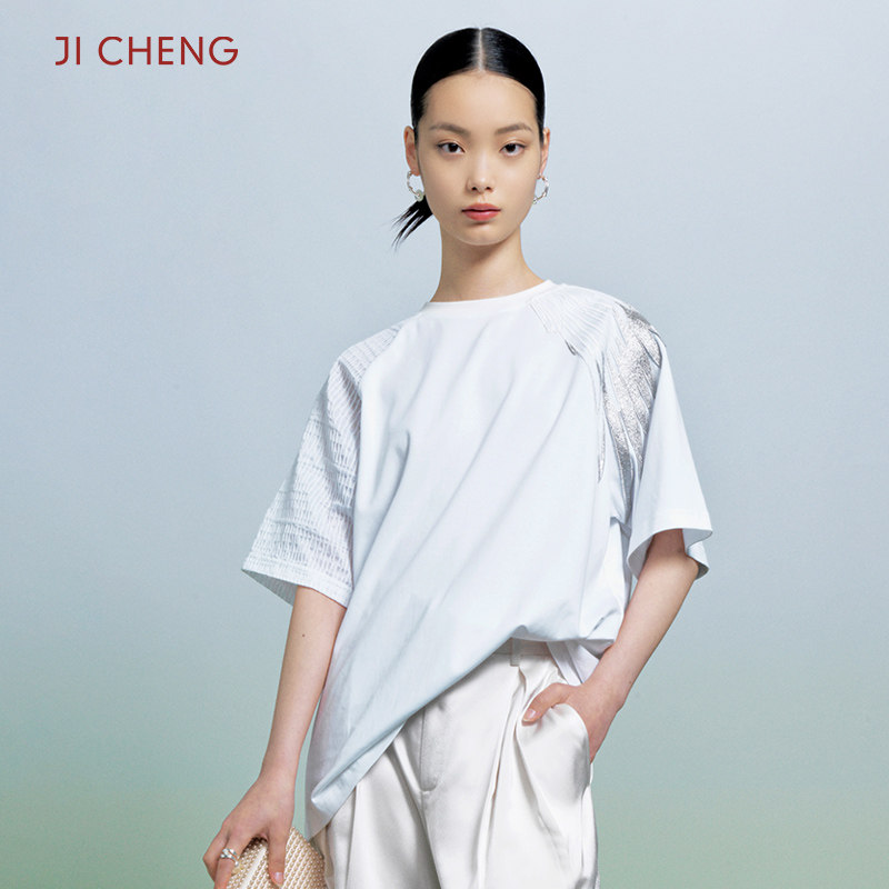 Ji Cheng吉承设计师新款白T恤全棉宽松男女情侣短袖上衣翅膀