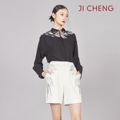 中国设计师原创Ji 2931 女高腰中裤 Cheng吉承新品 腿侧翅膀刺绣时尚