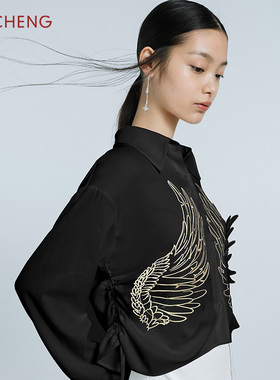 Ji Cheng吉承设计师新中式立体翅膀刺绣抽绳防晒女士衬衫显瘦衬衣