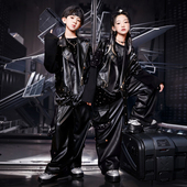 架子鼓演出服男童酷炫街舞儿童潮服新款 爵士舞女童嘻哈风皮衣外套