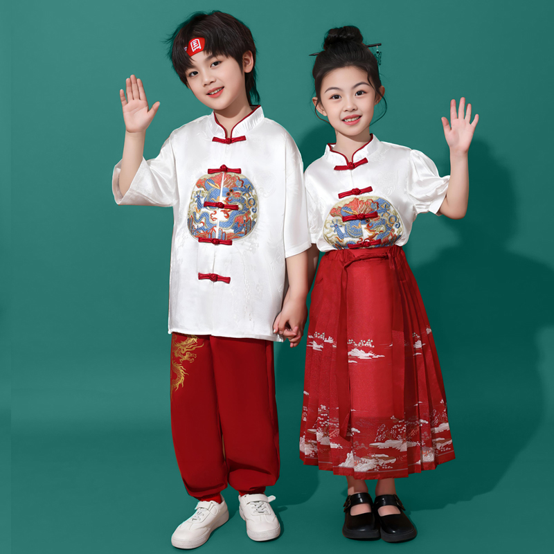 中国风六一儿童节演出服男童唐装儿童汉服夏款女童国风马面裙套装