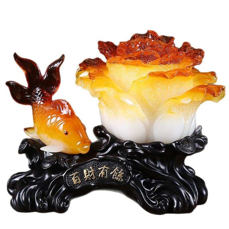 鱼白菜摆件 玉百财有余玉白菜工艺品摆件招财商务礼品