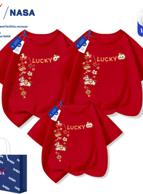 NASA小马仿刺绣印花儿童短袖2026马年本命年红色T恤男女童夏季装