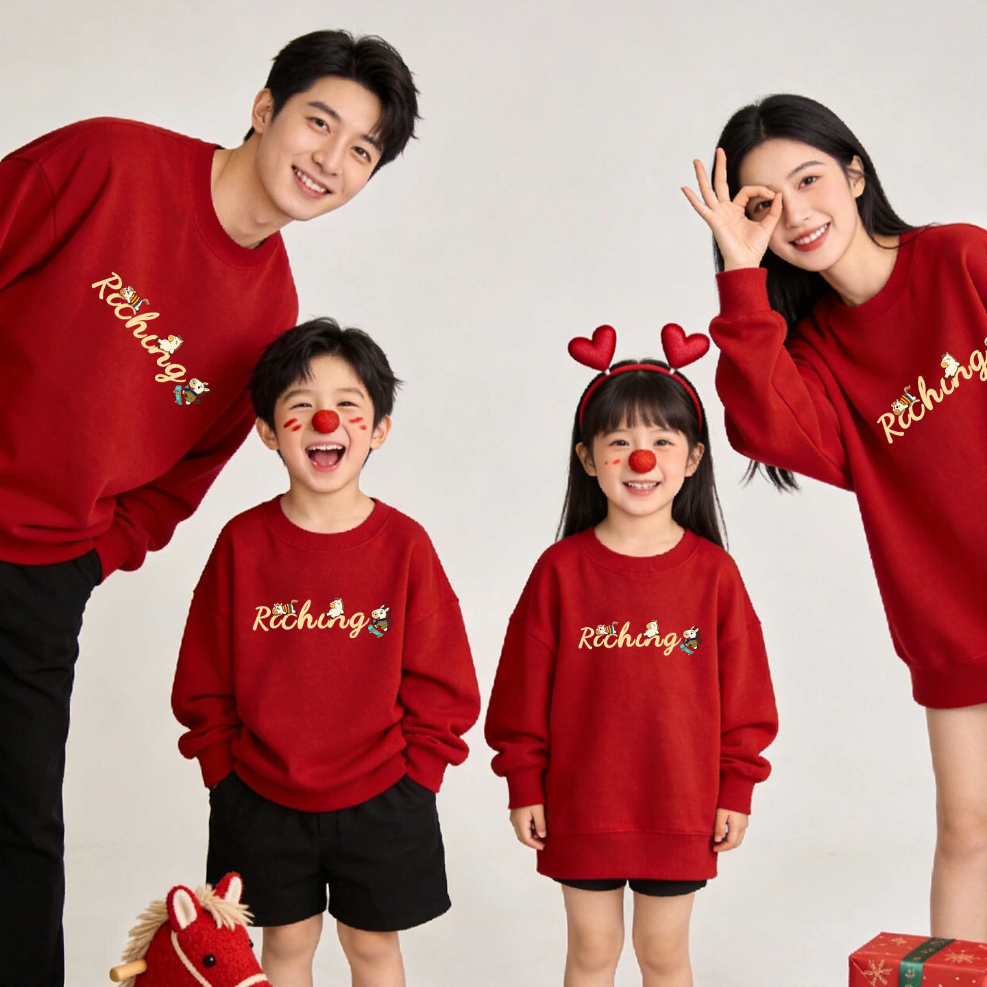 不一样的过年亲子装简约酒红色加绒全家装卫衣韩版感母女装潮