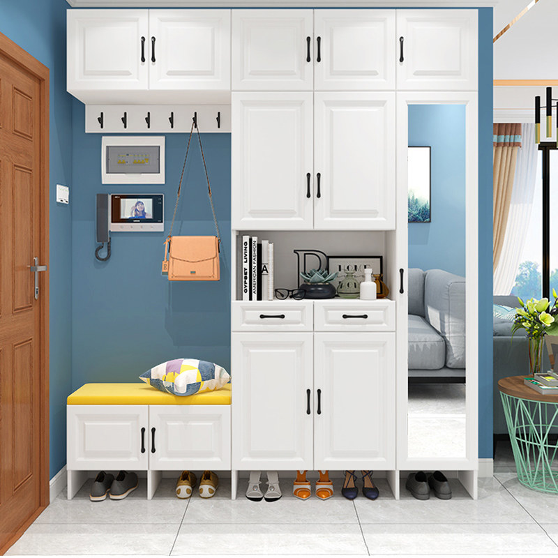 简约现代进门口鞋柜门厅柜入户衣帽柜带换鞋凳玄关柜欧式储物定制