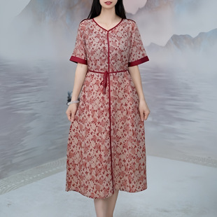 新款花边领时尚抽绳夏季百搭气质印花妈妈装连衣裙高档碎花裙子女