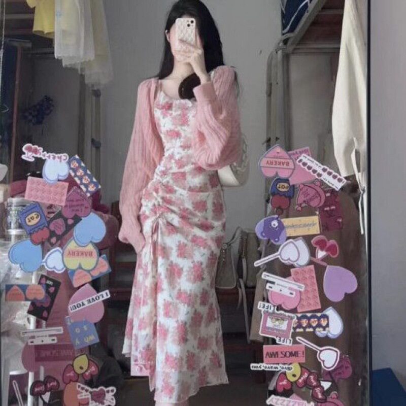 两单件套装开衫潮高级感夏日抽绳纯欲不规则鱼尾吊带碎花连衣裙女