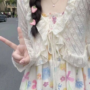 森系复古温柔风碎花吊带连衣裙夏季晒蕾丝仙开衫女学生两件套