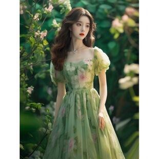法式绿色碎花连衣裙子夏装女2024年新款在逃公主古着vintage长裙