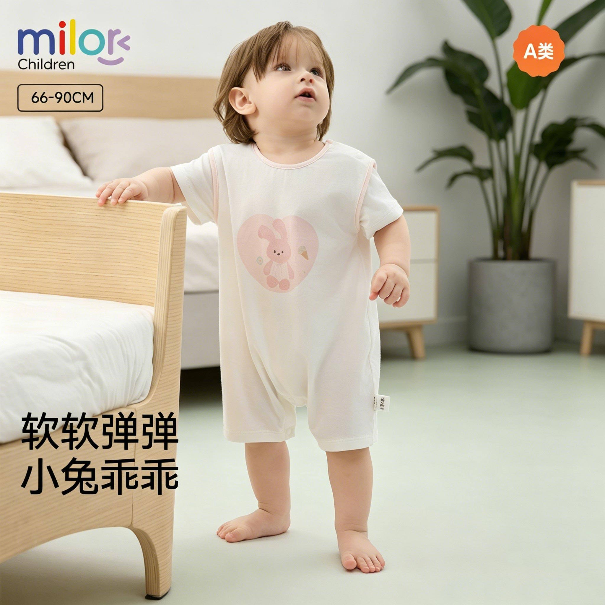米乐熊婴儿连体衣夏季A类短袖哈衣爬服宝宝兔子爱心印花连体短裤