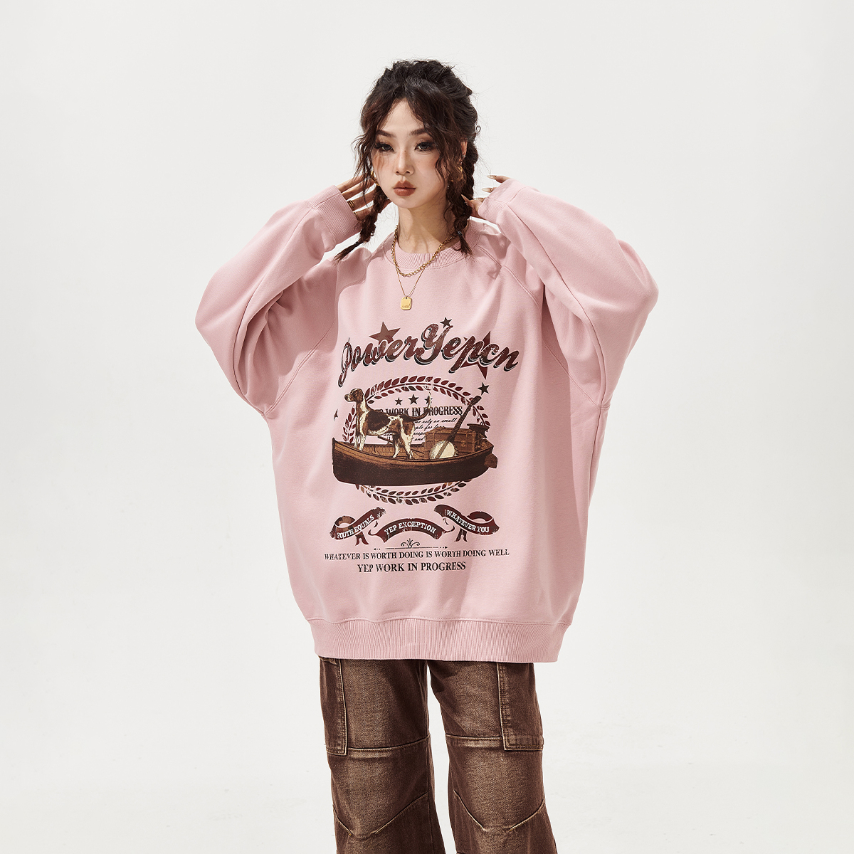YEP脏粉色美式复古圆领加绒卫衣