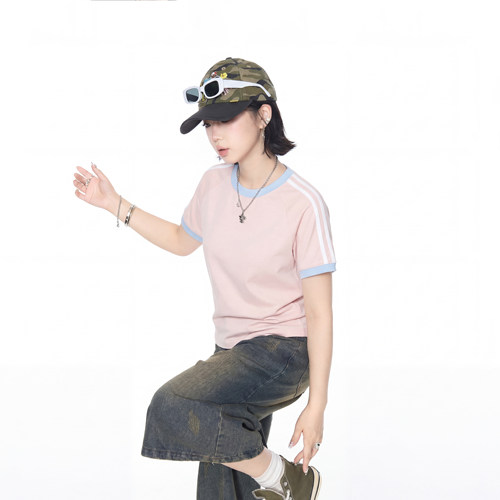 复古拼色正肩t恤女短袖2026新款夏季美式辣妹半袖修身短款上衣潮