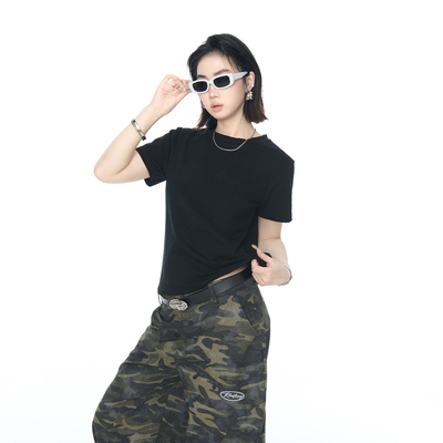 2025夏季新款正肩修身纯色短款短袖T恤女美式ins辣妹风半袖上衣