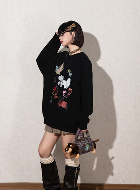 YEP黑色印花卫衣女春秋2025新款插肩袖套头无帽情侣装上衣潮加绒