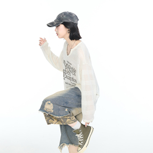 美式 上衣 潮牌V领格子镂空轻薄微透字母长袖 T恤女松弛感防晒罩衫